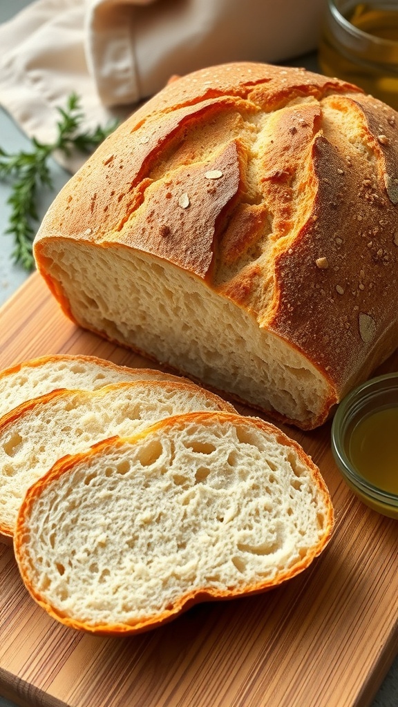 Gluten-Free Dutch Oven Bread Recipe A golden-brown gluten-free bread loaf on a cutting board with slices cut, showcasing its soft interior.